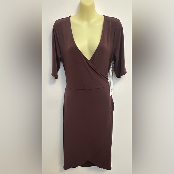 NWT Leith Chocolate Brown Wrap V-neck Sheath Dress 3/4 Sleeve - Picture 1 of 8